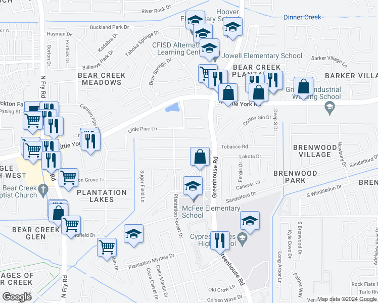 map of restaurants, bars, coffee shops, grocery stores, and more near 19343 Grand Colony Court in Katy