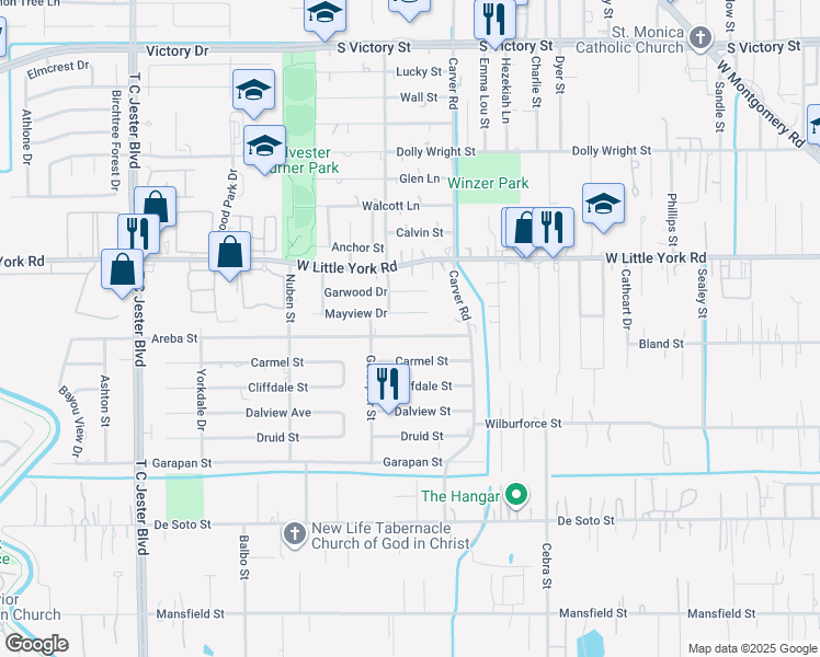 map of restaurants, bars, coffee shops, grocery stores, and more near 2445 Areba Street in Houston
