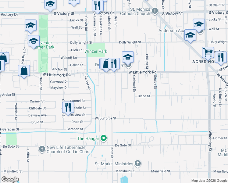 map of restaurants, bars, coffee shops, grocery stores, and more near 6626 Mcwilliams Drive in Houston
