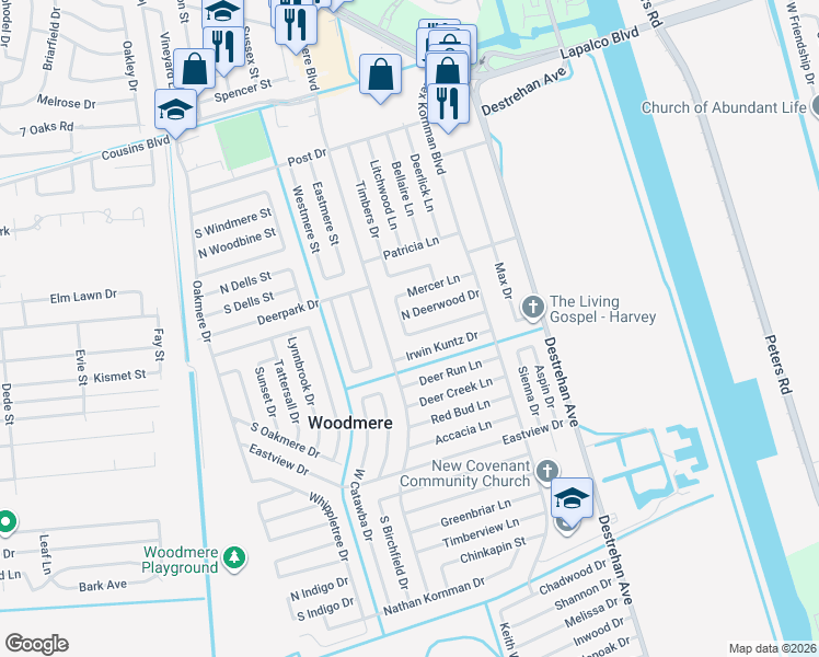 map of restaurants, bars, coffee shops, grocery stores, and more near 3864 Irwin Kuntz Drive in Harvey