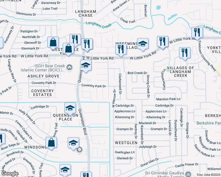 map of restaurants, bars, coffee shops, grocery stores, and more near 5723 Westminster Village Drive in Houston