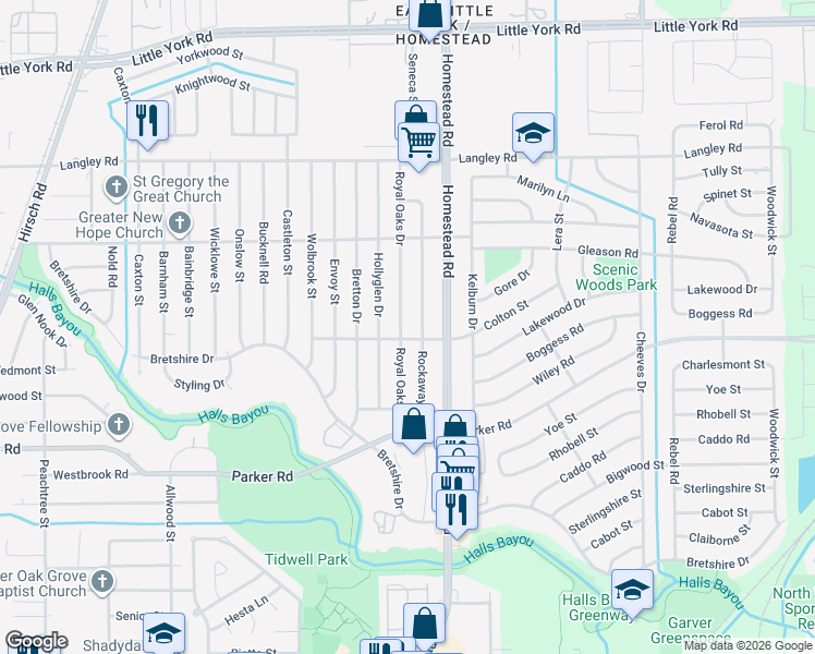 map of restaurants, bars, coffee shops, grocery stores, and more near 10225 Royal Oaks Drive in Houston