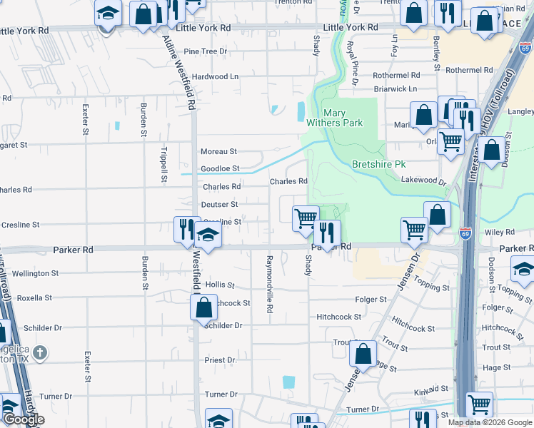 map of restaurants, bars, coffee shops, grocery stores, and more near 10225 Raymondville Road in Houston