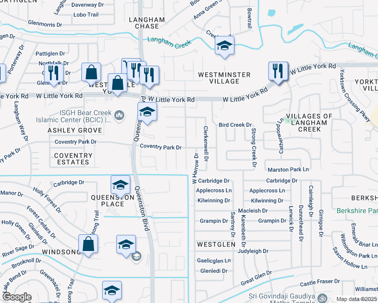 map of restaurants, bars, coffee shops, grocery stores, and more near 5723 Westminster Village Drive in Houston