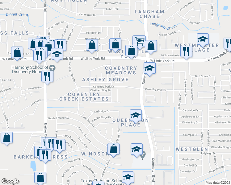 map of restaurants, bars, coffee shops, grocery stores, and more near 6010 Coventry Falls in Houston