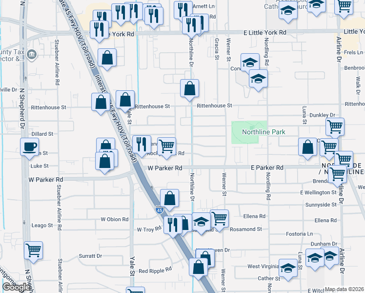 map of restaurants, bars, coffee shops, grocery stores, and more near 113 West Rocky Creek Road in Houston