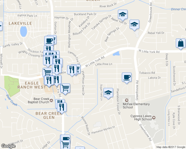 map of restaurants, bars, coffee shops, grocery stores, and more near 19630 Little Pine Ln in Katy
