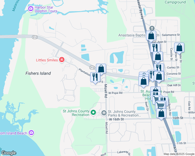 map of restaurants, bars, coffee shops, grocery stores, and more near 200 Plantation Island Drive South in St. Augustine
