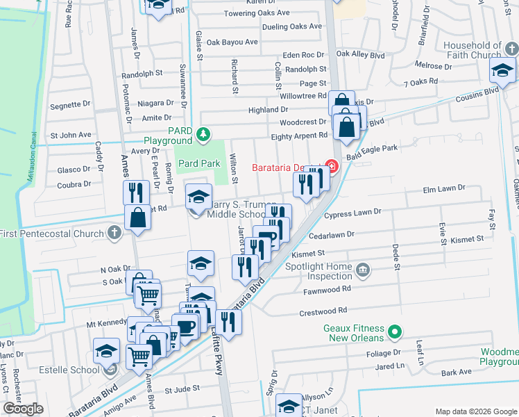 map of restaurants, bars, coffee shops, grocery stores, and more near 2553 Crestridge Circle in Marrero
