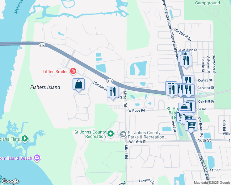 map of restaurants, bars, coffee shops, grocery stores, and more near 200 Plantation Island Drive South in St. Augustine