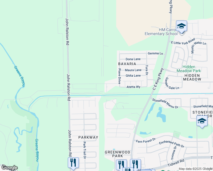 map of restaurants, bars, coffee shops, grocery stores, and more near Fabia Court in Houston
