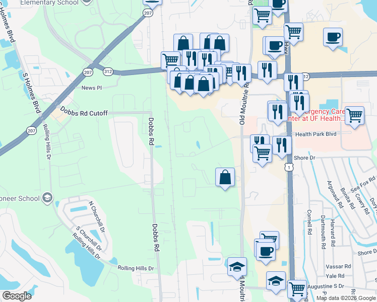 map of restaurants, bars, coffee shops, grocery stores, and more near 2001 Old Moultrie Road in St. Augustine