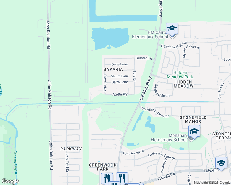 map of restaurants, bars, coffee shops, grocery stores, and more near 9726 Elia Court in Houston