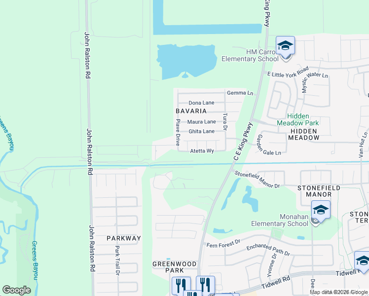 map of restaurants, bars, coffee shops, grocery stores, and more near Caprice Court in Houston