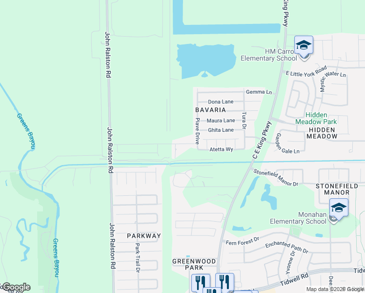 map of restaurants, bars, coffee shops, grocery stores, and more near 12147 Pia Drive in Houston