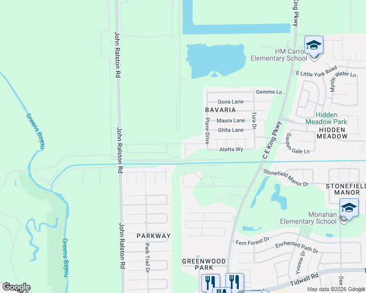 map of restaurants, bars, coffee shops, grocery stores, and more near 12107 Pia Drive in Houston