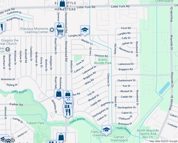 map of restaurants, bars, coffee shops, grocery stores, and more near 7313 Lakewood Drive in Houston