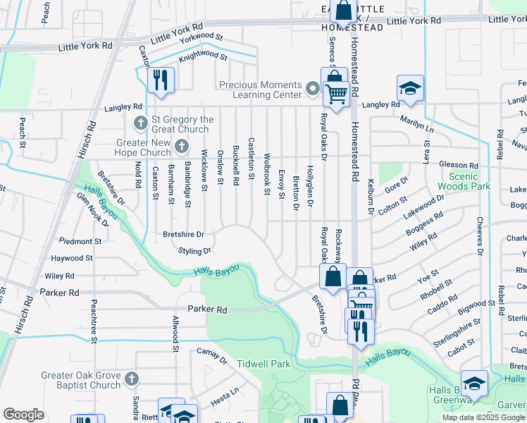 map of restaurants, bars, coffee shops, grocery stores, and more near 10410 Wolbrook Street in Houston