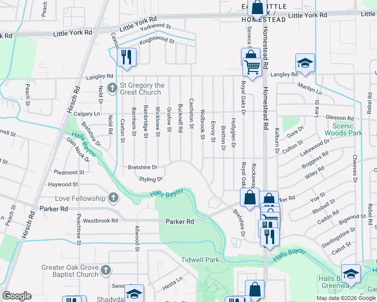 map of restaurants, bars, coffee shops, grocery stores, and more near 10409 Castleton Street in Houston