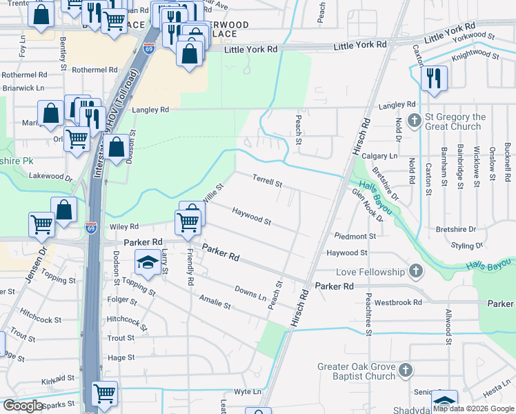 map of restaurants, bars, coffee shops, grocery stores, and more near 4606 Terrell Street in Houston