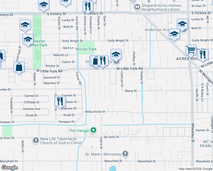 map of restaurants, bars, coffee shops, grocery stores, and more near 6810 Mcwilliams Drive in Houston