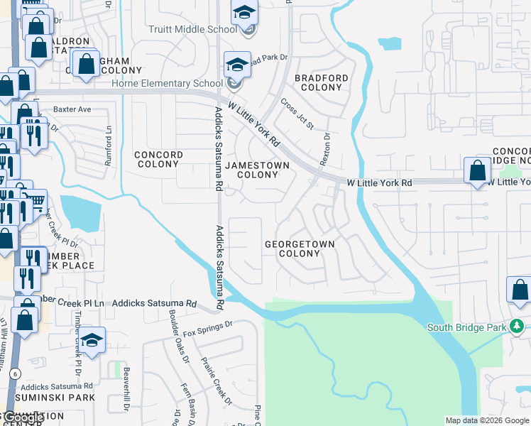 map of restaurants, bars, coffee shops, grocery stores, and more near 14750 Tilley Street in Houston