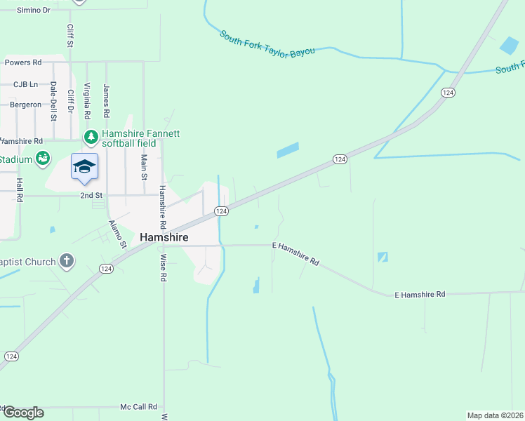 map of restaurants, bars, coffee shops, grocery stores, and more near 24279 Texas 124 in Hamshire