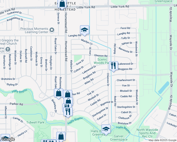 map of restaurants, bars, coffee shops, grocery stores, and more near 7313 Lakewood Drive in Houston