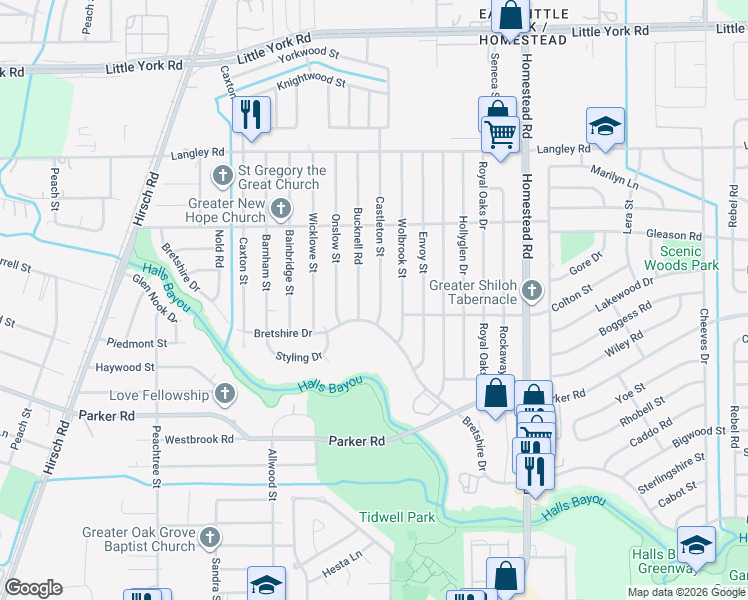 map of restaurants, bars, coffee shops, grocery stores, and more near 10409 Castleton Street in Houston