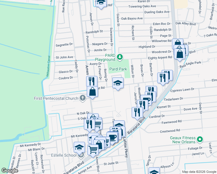 map of restaurants, bars, coffee shops, grocery stores, and more near 5525 Hamerick Drive in Marrero
