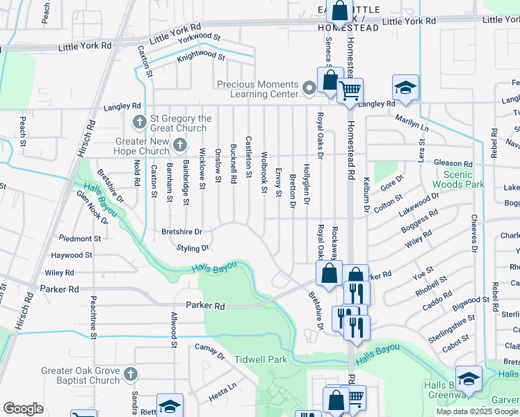 map of restaurants, bars, coffee shops, grocery stores, and more near 10410 Wolbrook Street in Houston