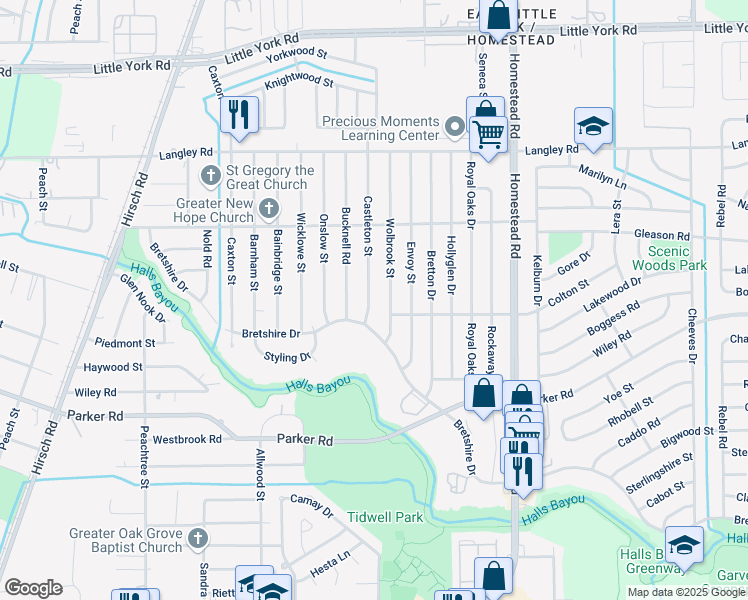 map of restaurants, bars, coffee shops, grocery stores, and more near 10409 Castleton Street in Houston