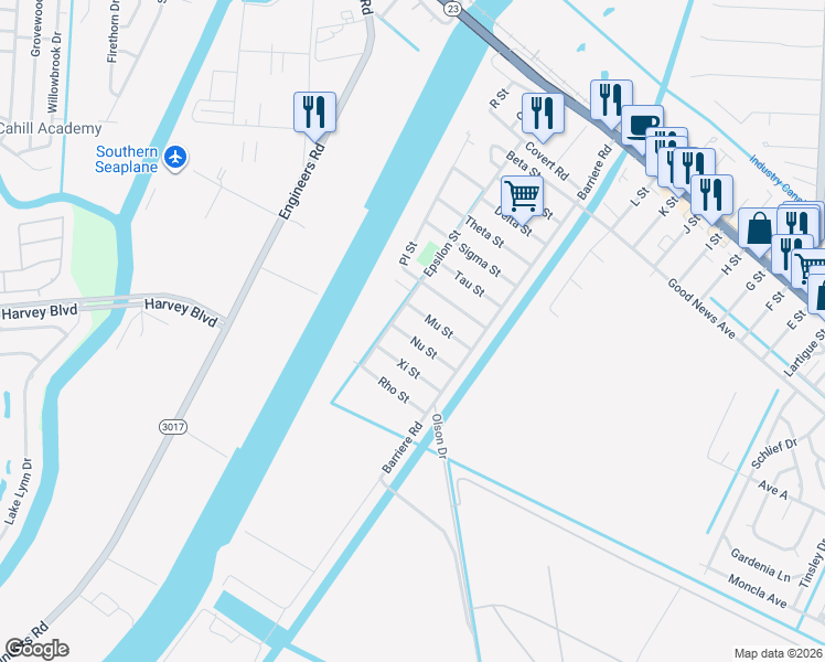 map of restaurants, bars, coffee shops, grocery stores, and more near 119 Nu Street in Belle Chasse