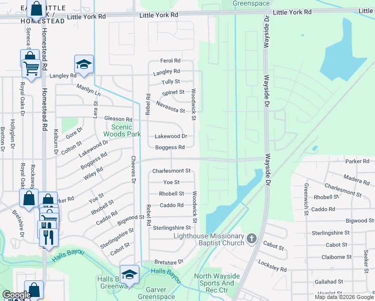 map of restaurants, bars, coffee shops, grocery stores, and more near 7713 Boggess Road in Houston