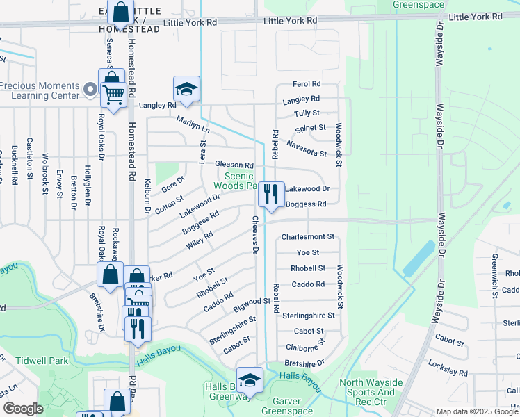map of restaurants, bars, coffee shops, grocery stores, and more near 10311 Rebel Road in Houston