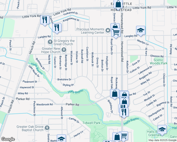 map of restaurants, bars, coffee shops, grocery stores, and more near 10409 Castleton Street in Houston