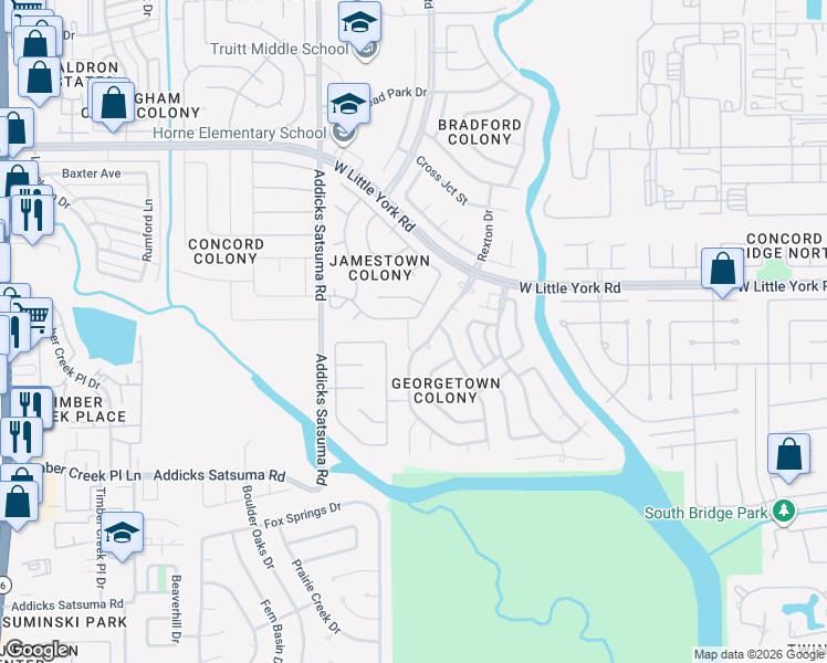 map of restaurants, bars, coffee shops, grocery stores, and more near 14750 Tilley Street in Houston