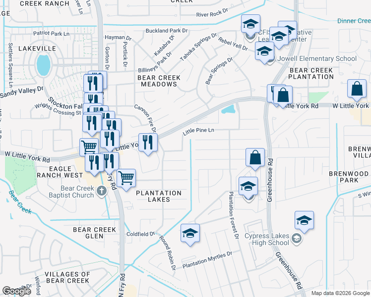 map of restaurants, bars, coffee shops, grocery stores, and more near 19630 Little Pine Lane in Katy