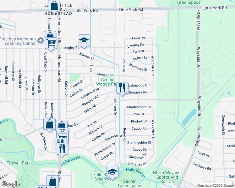 map of restaurants, bars, coffee shops, grocery stores, and more near 10311 Rebel Road in Houston