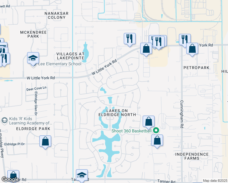 map of restaurants, bars, coffee shops, grocery stores, and more near 12110 Arcadia Bend Lane in Houston
