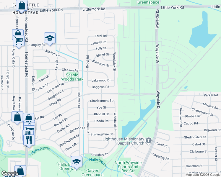 map of restaurants, bars, coffee shops, grocery stores, and more near 7713 Boggess Road in Houston