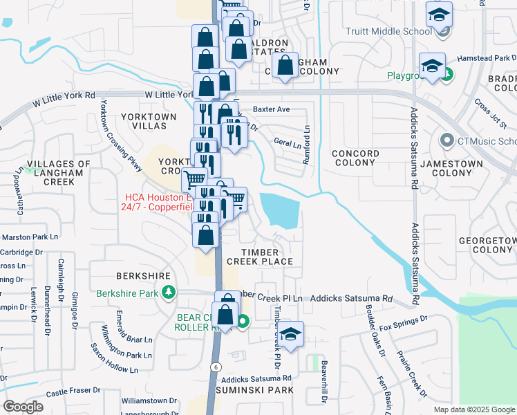 map of restaurants, bars, coffee shops, grocery stores, and more near 5730 Timber Creek Place Drive in Houston