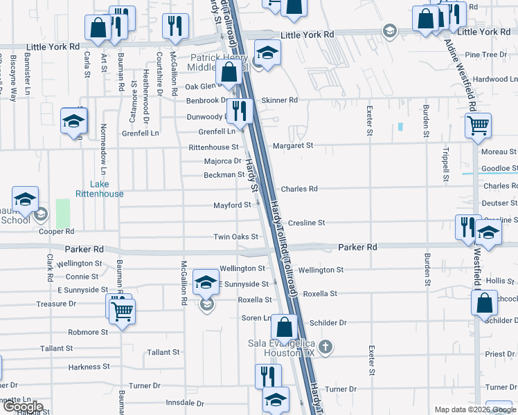 map of restaurants, bars, coffee shops, grocery stores, and more near 10813 West Hardy Road in Houston