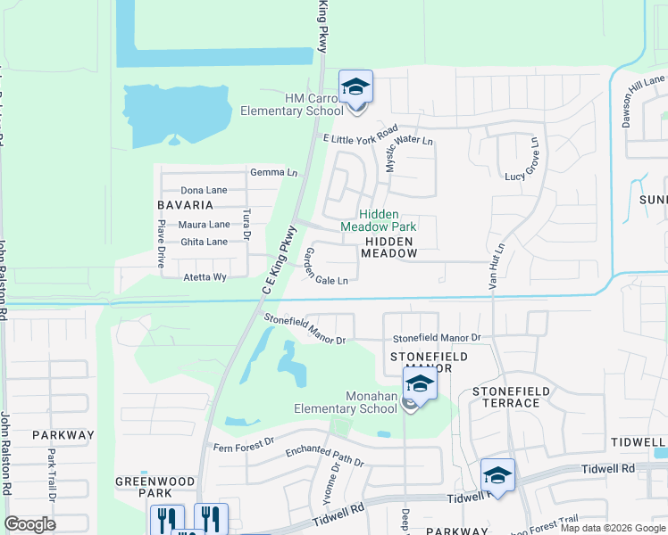 map of restaurants, bars, coffee shops, grocery stores, and more near 12522 Thistle Creek Court in Houston