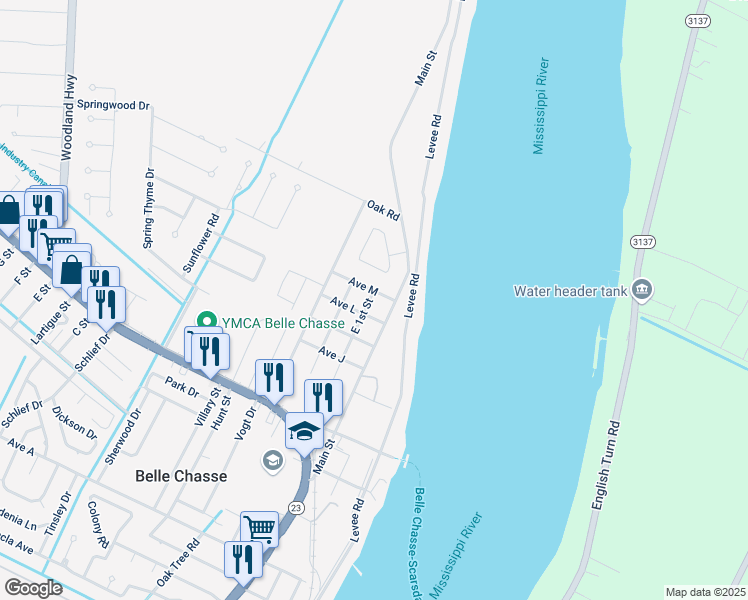 map of restaurants, bars, coffee shops, grocery stores, and more near 208 Avenue M in Belle Chasse