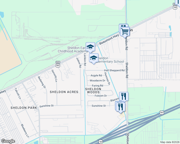 map of restaurants, bars, coffee shops, grocery stores, and more near 16918 Hall Shepperd Road in Houston