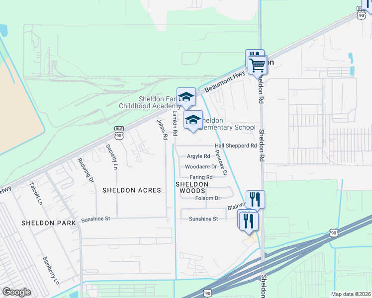 map of restaurants, bars, coffee shops, grocery stores, and more near 16918 Hall Shepperd Road in Houston