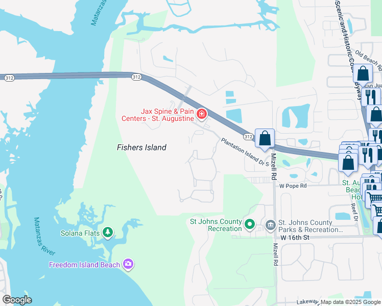 map of restaurants, bars, coffee shops, grocery stores, and more near 31115 Harbour Vista Circle in St. Augustine