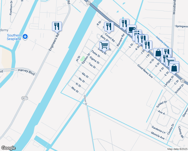 map of restaurants, bars, coffee shops, grocery stores, and more near 105 PI Street in Belle Chasse