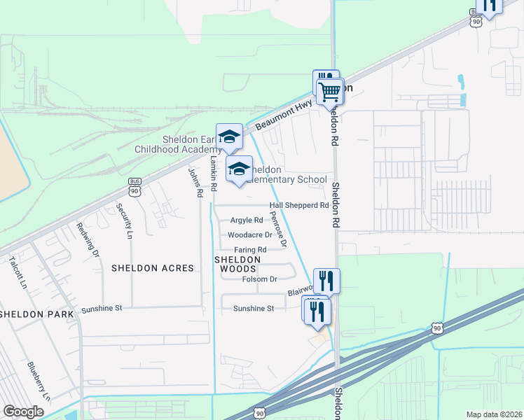 map of restaurants, bars, coffee shops, grocery stores, and more near 17102 Hall Shepperd Road in Houston